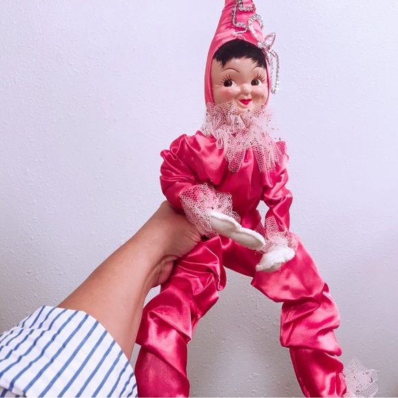 Vintage Other - Vintage 20” Tall Hand Painted Posable Fancy Pixie Elf Dressed In Pink Satin